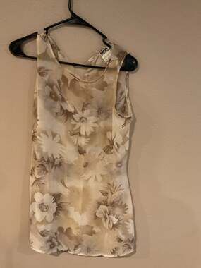 Vintage HANA Sleeveless Beige Floral Sheer Overlay Shift Dress